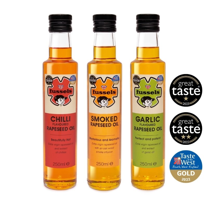 Fussels flavoured cold pressed rapeseed oil offer pack. Chilli, Garlic and Oak Smoked. 3 x 250ml bottles.